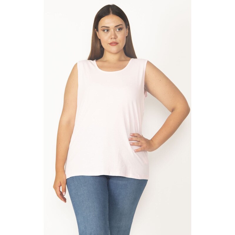 Şans Women's Plus Size Pink Cotton Fabric Crewneck Tank Top