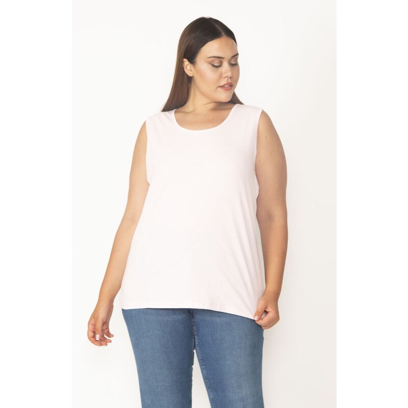 Şans Women's Plus Size Pink Cotton Fabric Crewneck Tank Top