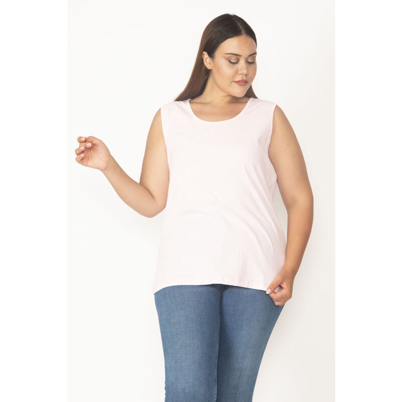 Şans Women's Plus Size Pink Cotton Fabric Crewneck Tank Top