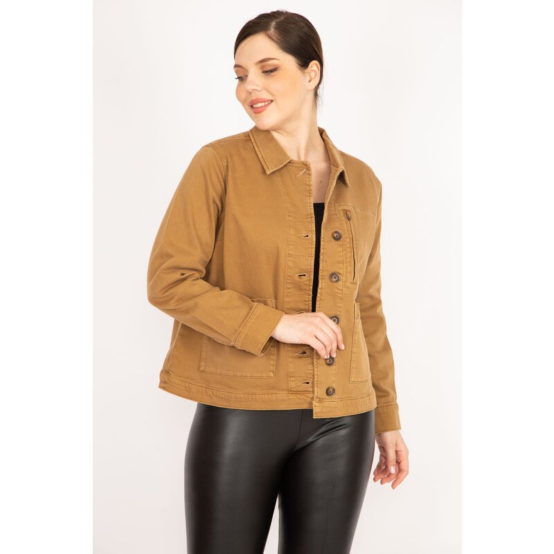 Şans Women's Tan Large Size Gabardine Fabric Front Buttoned Zipper and Pocket Detailed Coat