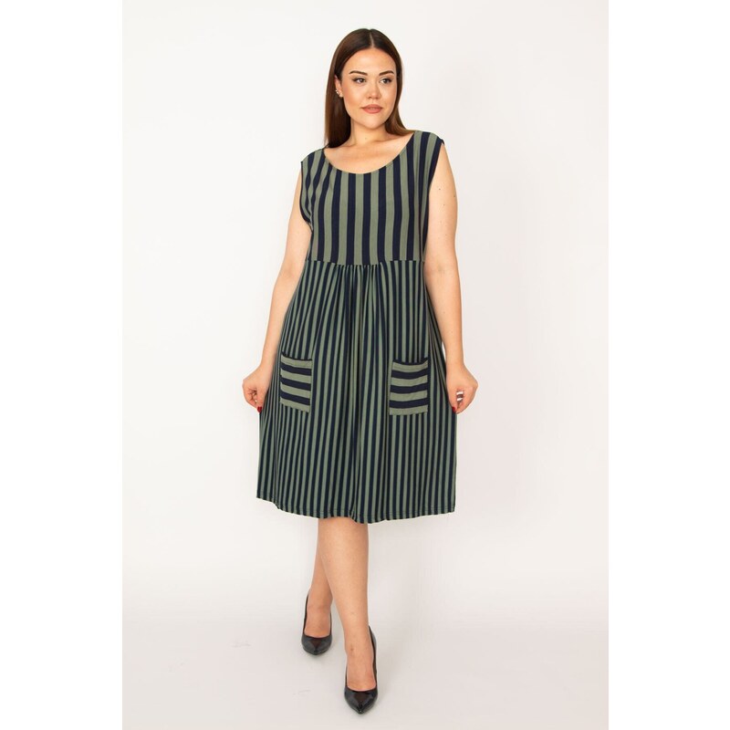 Şans Women's Plus Size Khaki Stripe Combined Pocket Dress