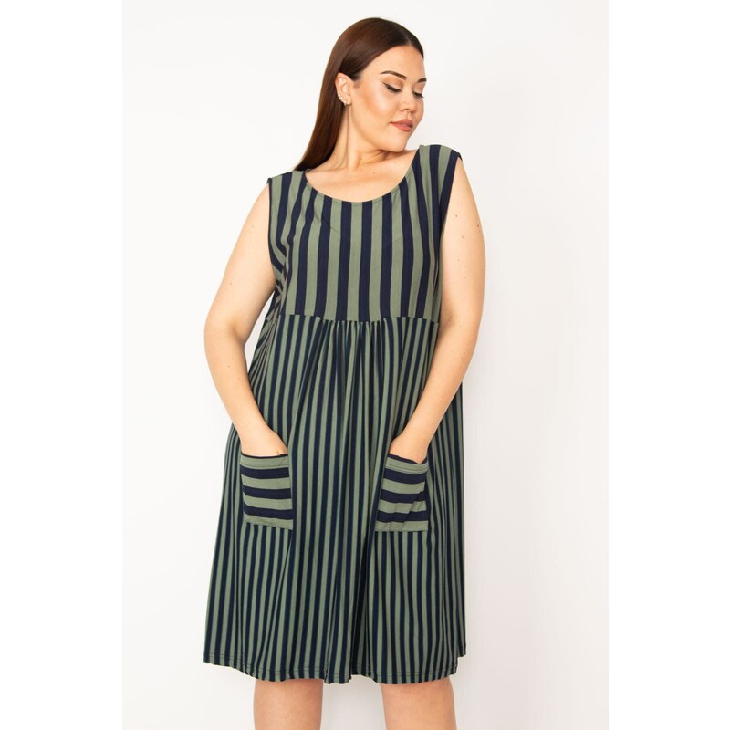 Şans Women's Plus Size Khaki Stripe Combined Pocket Dress