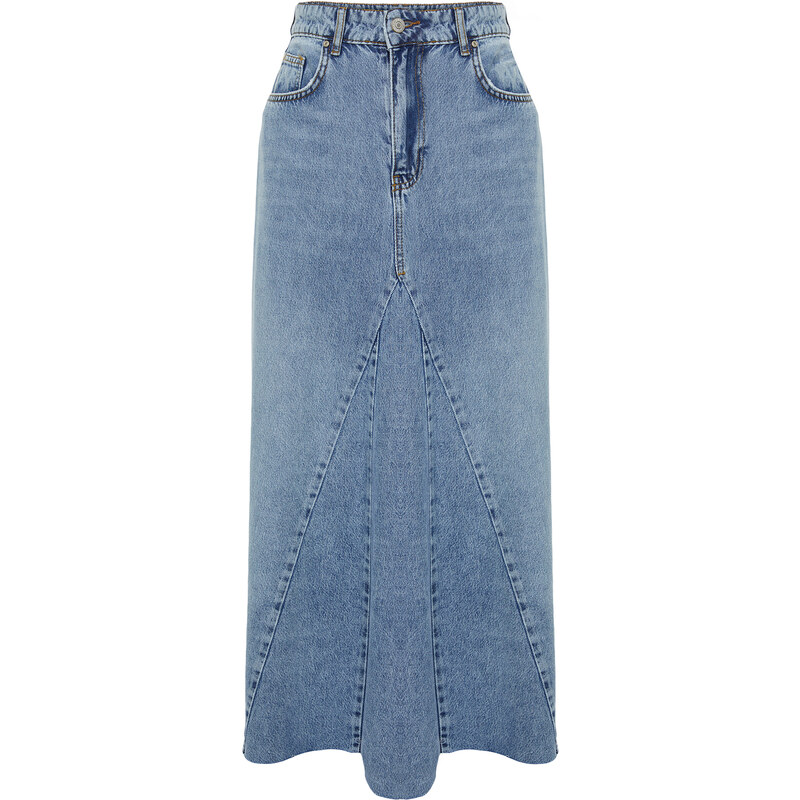 Trendyol Blue Flounce Stitch Detail High Waist Maxi Denim Skirt