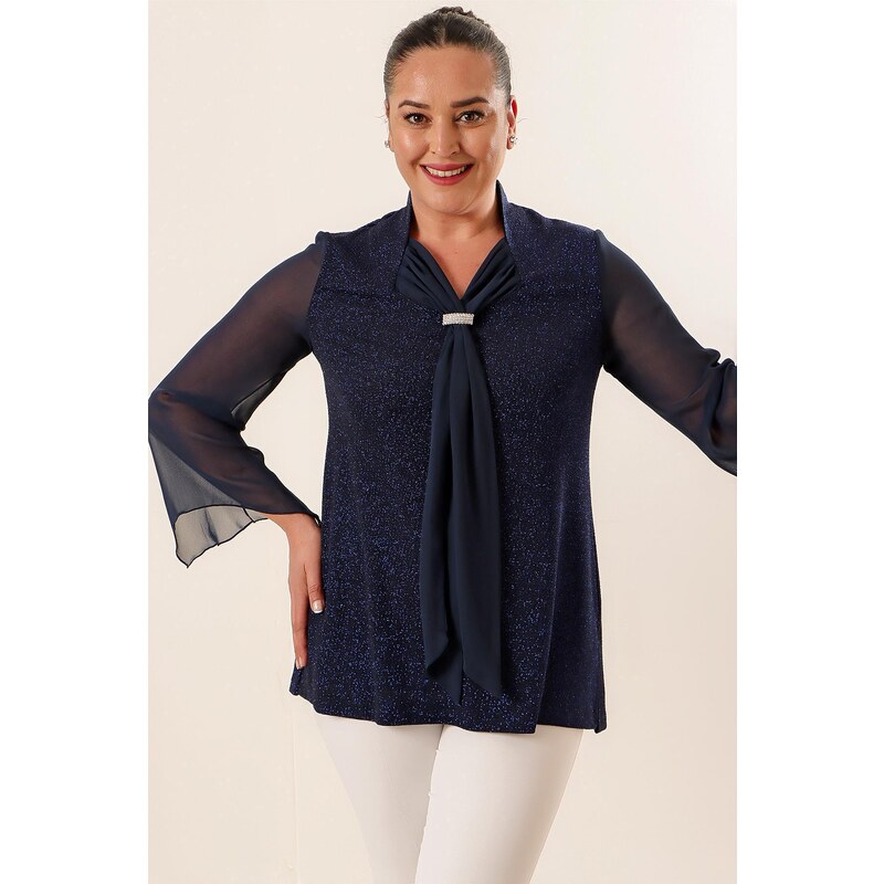By Saygı Silvery Plus Size Blouse with Kerchief Collar