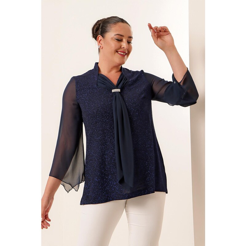 By Saygı Silvery Plus Size Blouse with Kerchief Collar