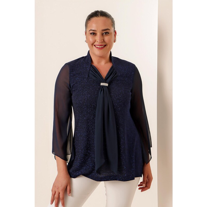 By Saygı Silvery Plus Size Blouse with Kerchief Collar