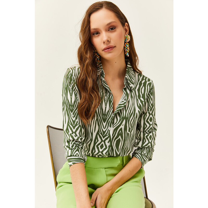 Olalook Women's Emerald Green Zebra Patterned Viscose Shirt