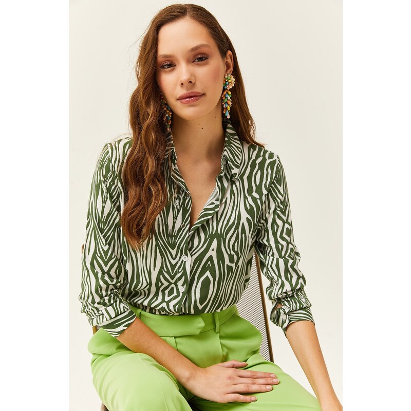 Olalook Women's Emerald Green Zebra Patterned Viscose Shirt