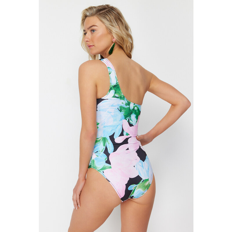 Trendyol Floral Patterned Single Shoulder Draped Regular Swimsuit
