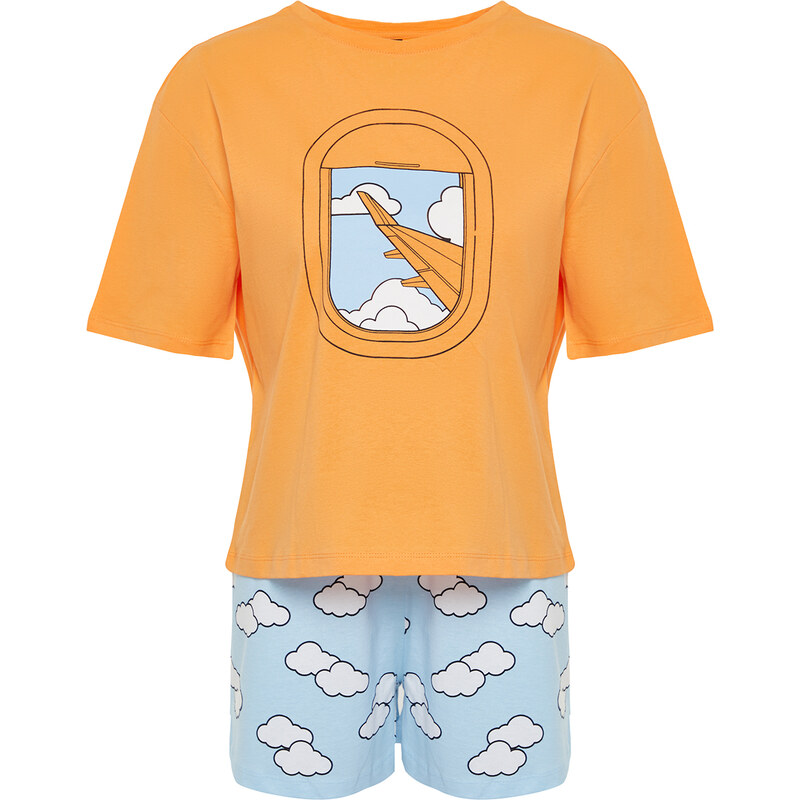 Trendyol Orange 100% Cotton Cloud Patterned Tshirt-Shorts Knitted Pajama Set