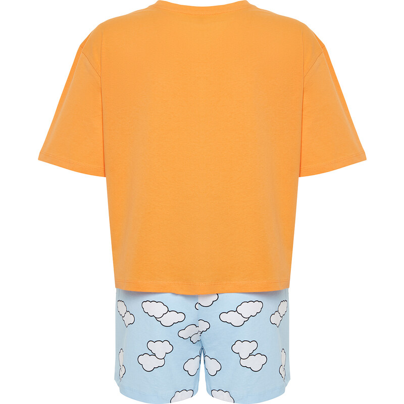 Trendyol Orange 100% Cotton Cloud Patterned Tshirt-Shorts Knitted Pajama Set