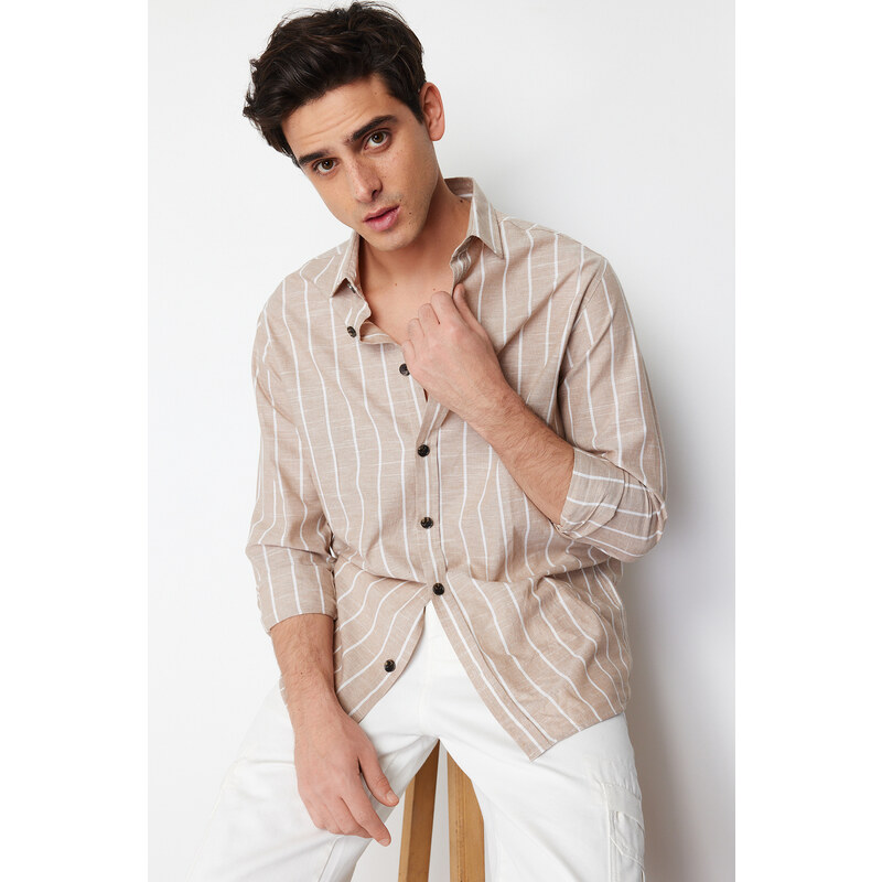 Trendyol Beige Regular Fit Shirt Collar Striped Shirt