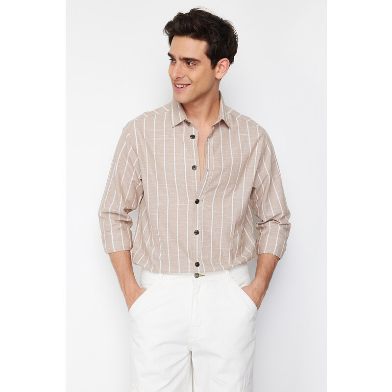 Trendyol Beige Regular Fit Shirt Collar Striped Shirt