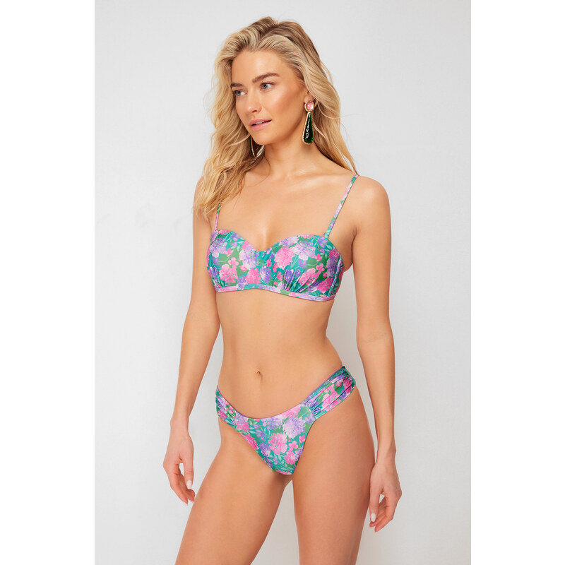 Trendyol Floral Patterned Gathered Brazilian Bikini Bottom