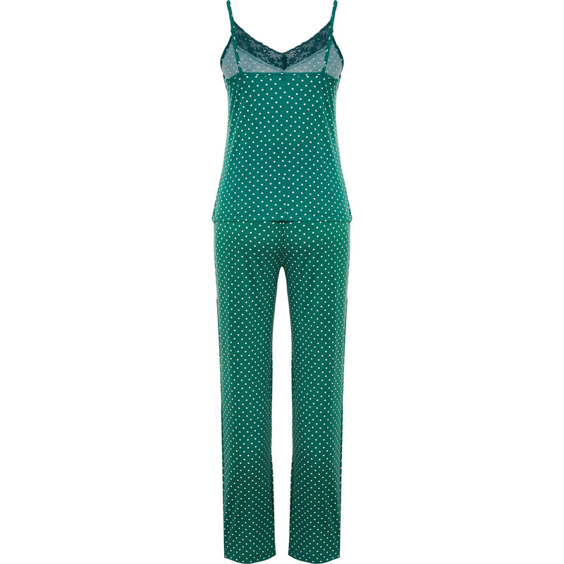 Trendyol Green Polka Dot Lace Detailed Viscose Knitted Pajamas Set