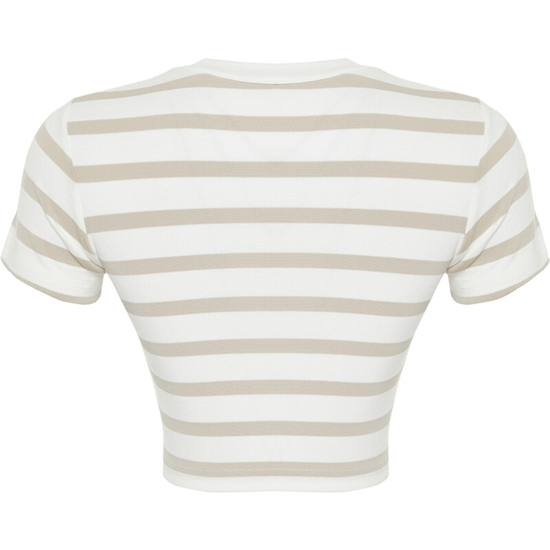 Trendyol Premium Stone Ecru Striped Viscose Crop Crew Neck Stretchy Knitted Blouse