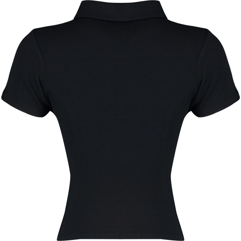 Trendyol Black Ribbed Stitch Detail Polo Neck Crop Elastic Knitted Blouse