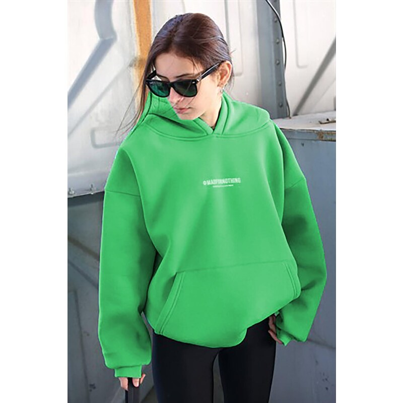 Madmext Mad Girls Green Printed Oversized Sweatshirt