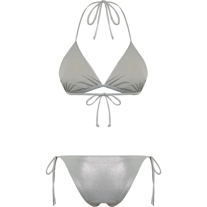 Trendyol Silver Triangle Tie Shiny Lacquer Printed Regular Bikini Set