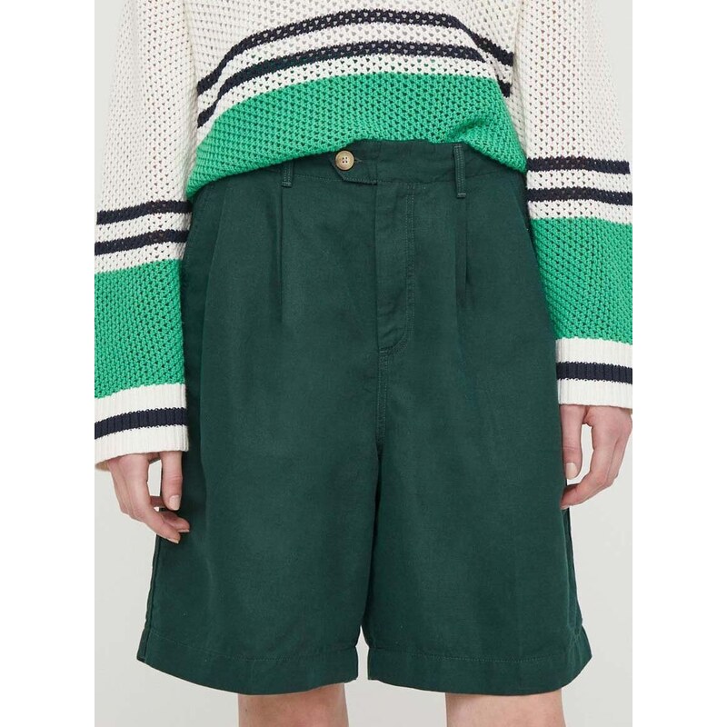 Šortky s příměsí lnu Tommy Hilfiger zelená barva, high waist