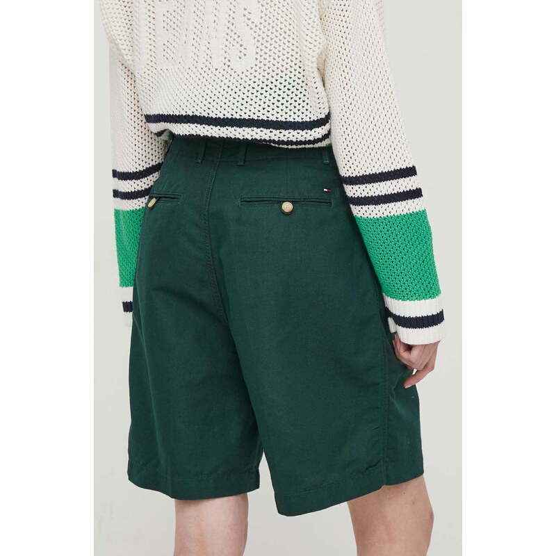 Šortky s příměsí lnu Tommy Hilfiger zelená barva, high waist