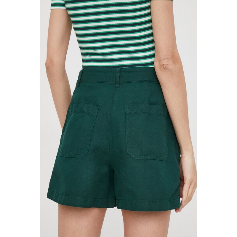 Šortky s příměsí lnu Tommy Hilfiger zelená barva, high waist