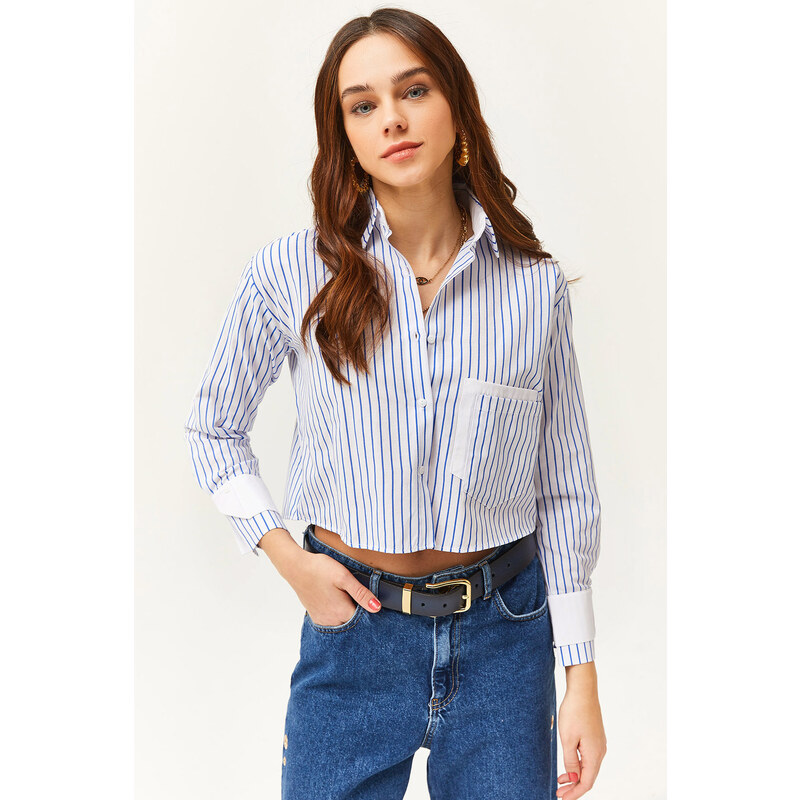 Olalook Women's White Saxe Blue Pocket and Cuff Detail Striped Crop Shirt