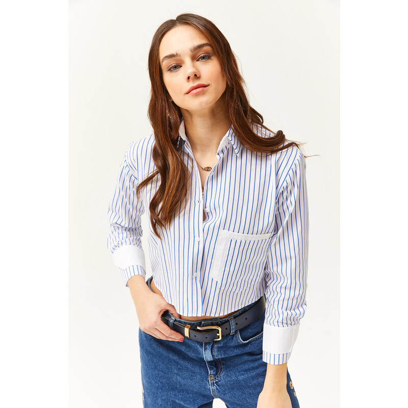 Olalook Women's White Saxe Blue Pocket and Cuff Detail Striped Crop Shirt