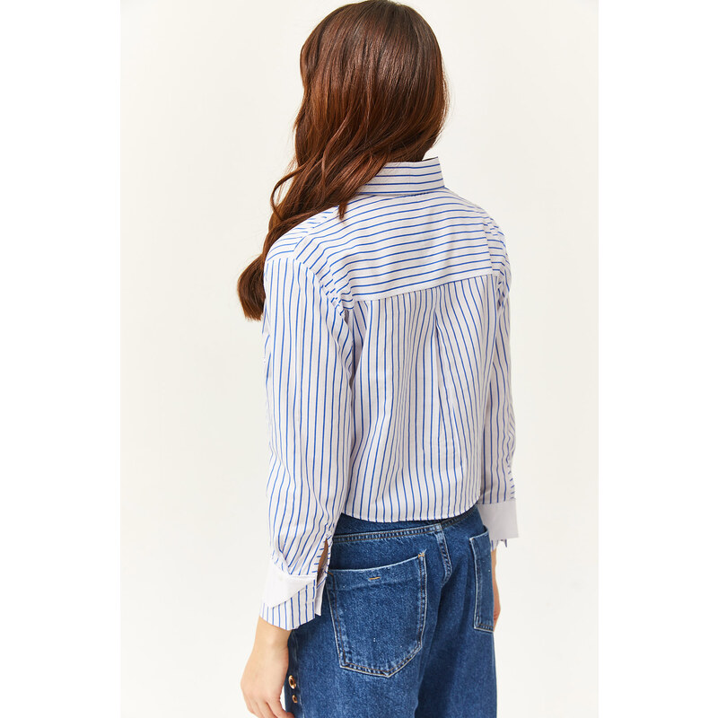 Olalook Women's White Saxe Blue Pocket and Cuff Detail Striped Crop Shirt