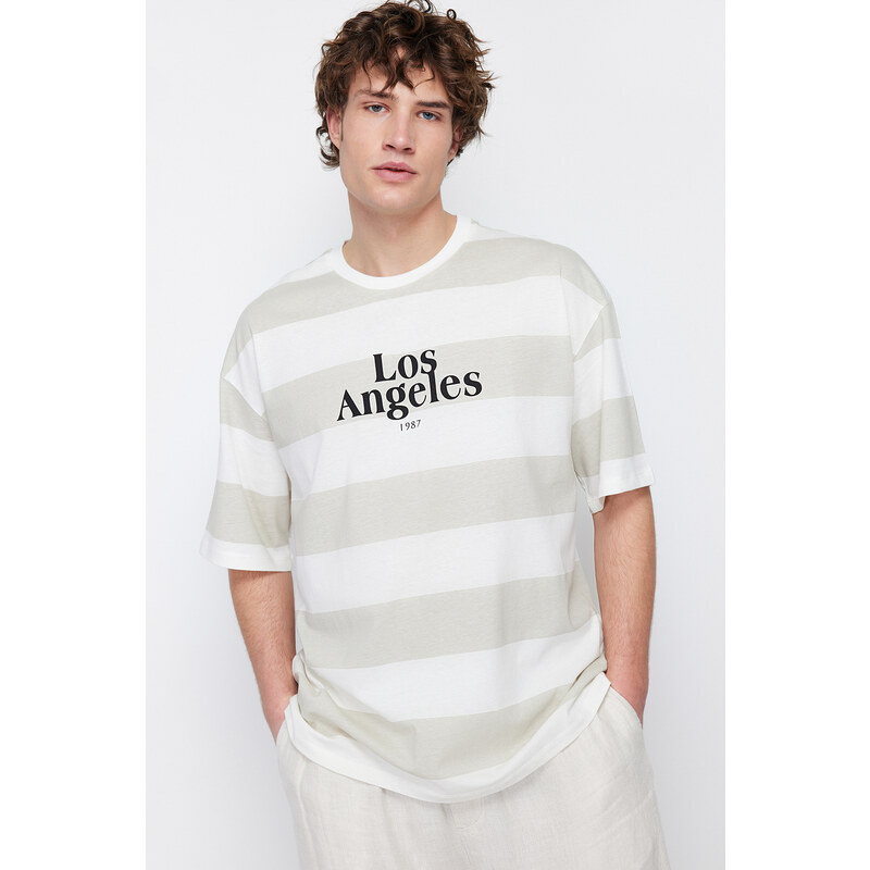 Trendyol Stone Oversize Striped City Printed 100% Cotton T-Shirt