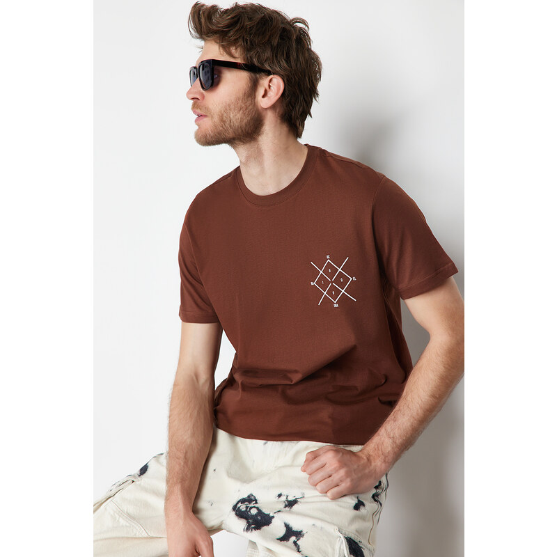 Trendyol Brown Regular/Regular Fit Logo Printed 100% Cotton Short Sleeve T-Shirt