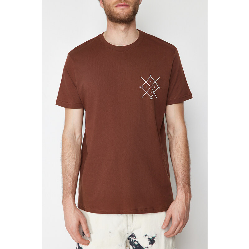 Trendyol Brown Regular/Regular Fit Logo Printed 100% Cotton Short Sleeve T-Shirt