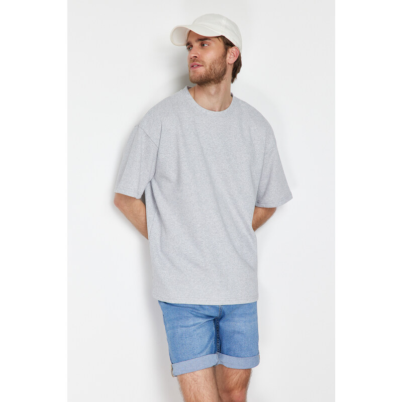 Trendyol Basic Gray Oversize/Wide Fit Short Sleeve Textured Solid Fabric T-Shirt