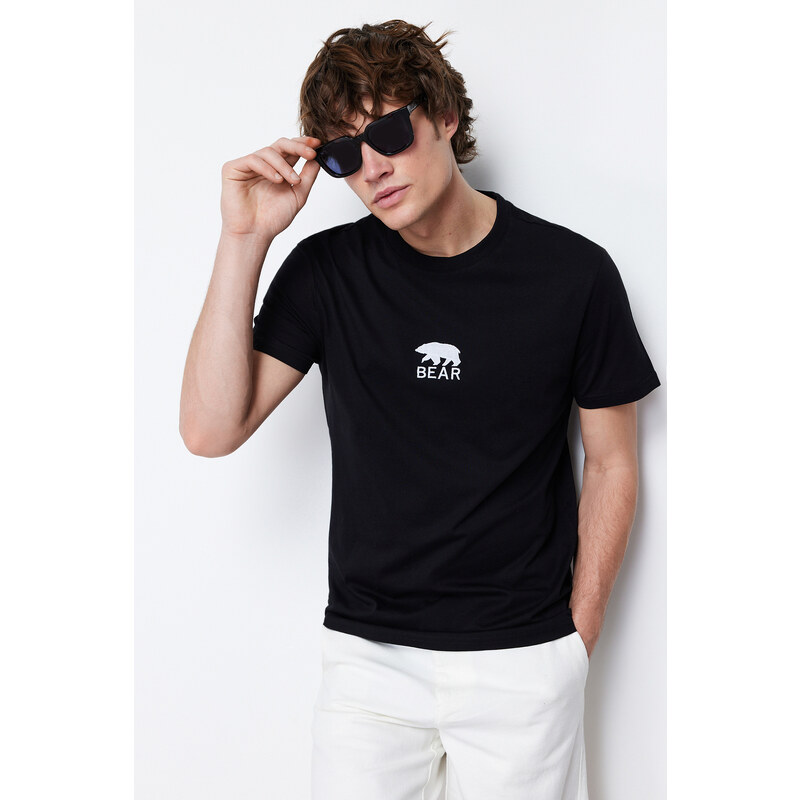 Trendyol Black Regular/Regular Cut Bear/Animal Embroidery 100% Cotton Short Sleeve T-Shirt