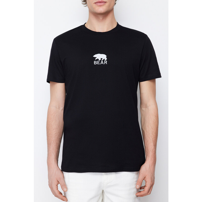 Trendyol Black Regular/Regular Cut Bear/Animal Embroidery 100% Cotton Short Sleeve T-Shirt