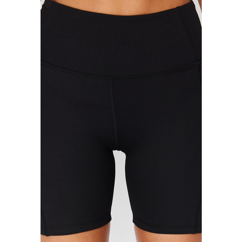 Trendyol Black Ribbed Compression Waist Tulle Detail Knitted Sports Shorts Leggings