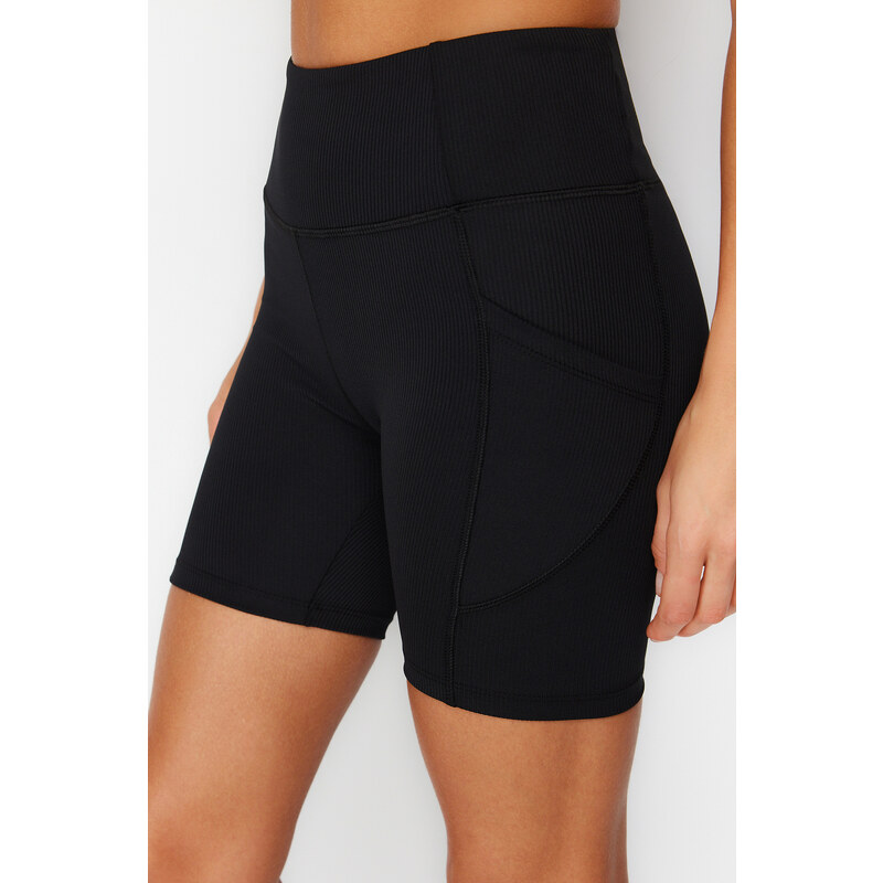 Trendyol Black Ribbed Compression Waist Tulle Detail Knitted Sports Shorts Leggings