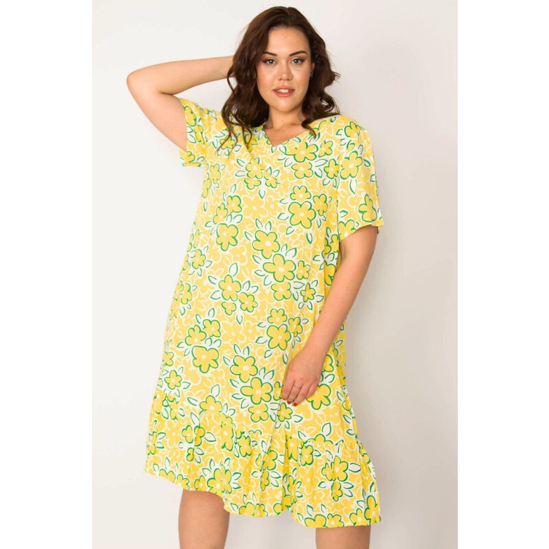 Şans Women's Plus Size Yellow Woven Viscose Fabric Layered Skirt