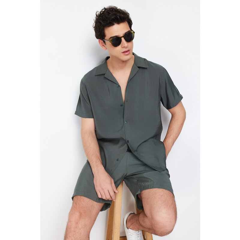 Trendyol Khaki Regular Fit Wide Collar Modal Blended Shirt