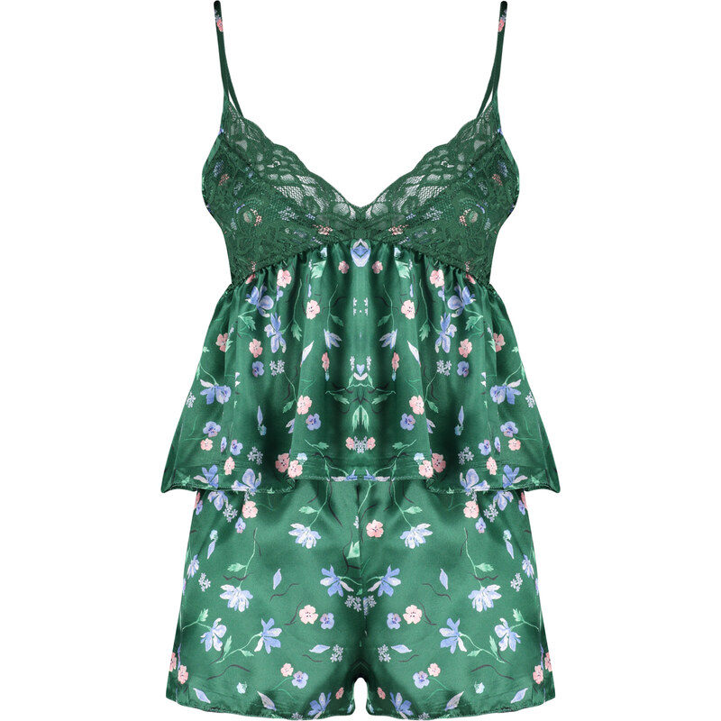 Trendyol Green Satin Floral Lace Detailed Athlete-Shorts Woven Pajamas Set