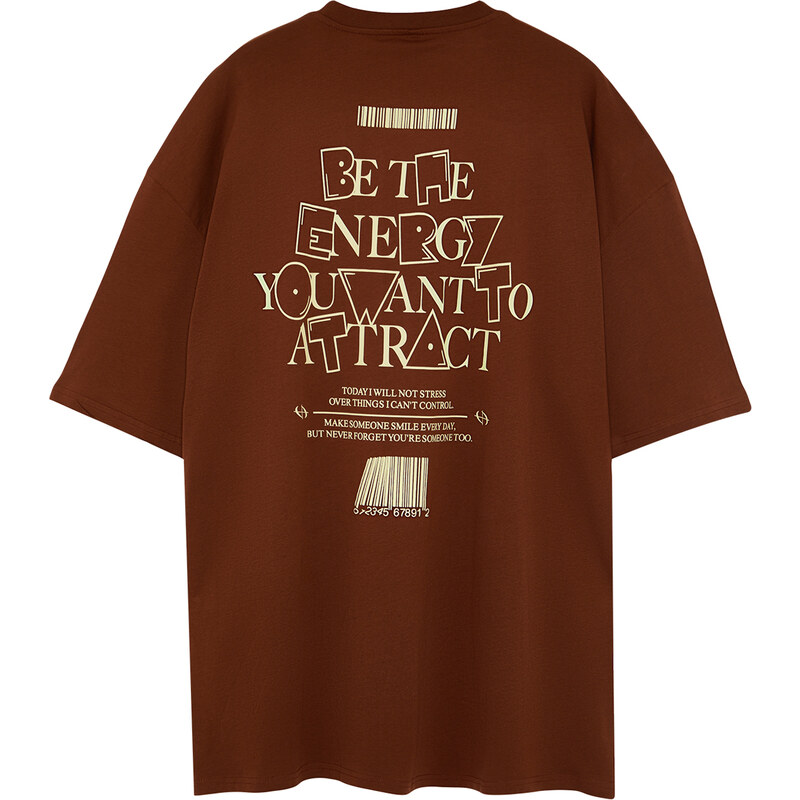 Trendyol Plus Size Brown Oversize/Wide-Fit 100% Cotton Text Printed T-Shirt