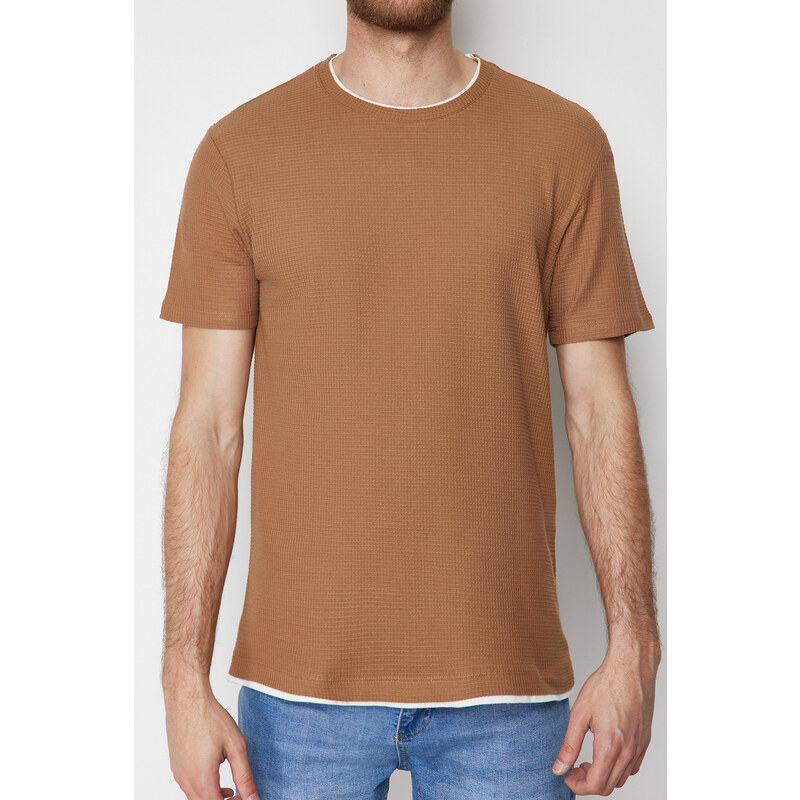 Trendyol Brown Regular/Normal Fit 100% Cotton Textured Basic T-Shirt