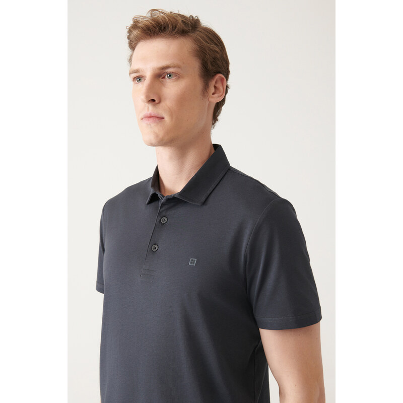 Avva Men's Anthracite 100% Cotton Regular Fit 3 Button Roll-Up Polo Neck T-shirt