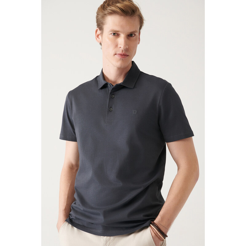 Avva Men's Anthracite 100% Cotton Regular Fit 3 Button Roll-Up Polo Neck T-shirt