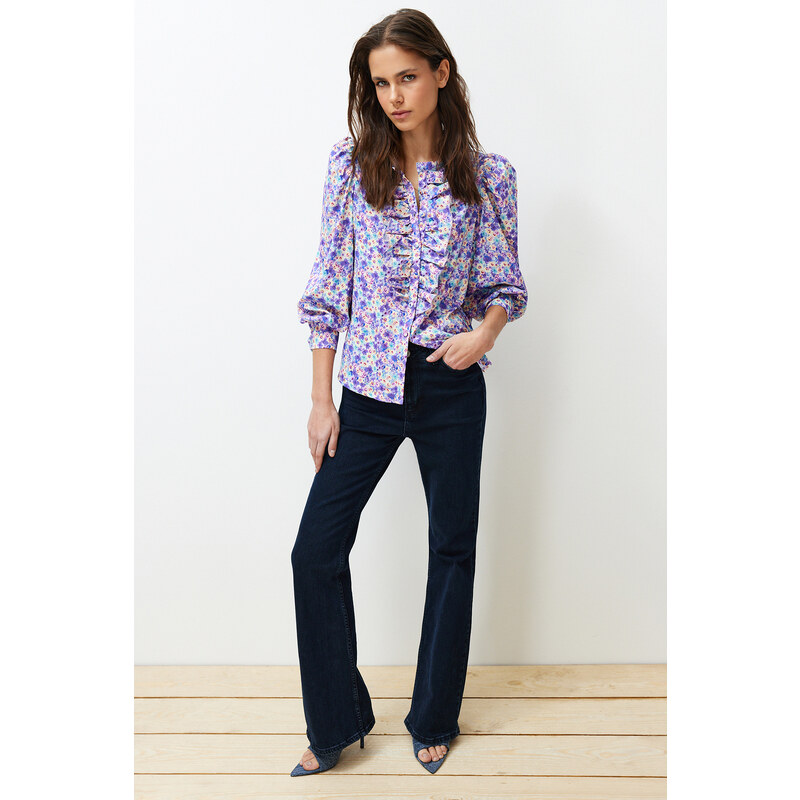 Trendyol Purple High Neck Frilly Chiffon Floral Woven Shirt