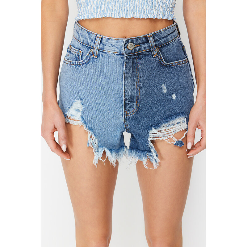 Trendyol Blue Denim Color Block Denim 100% Cotton Shorts & Bermuda