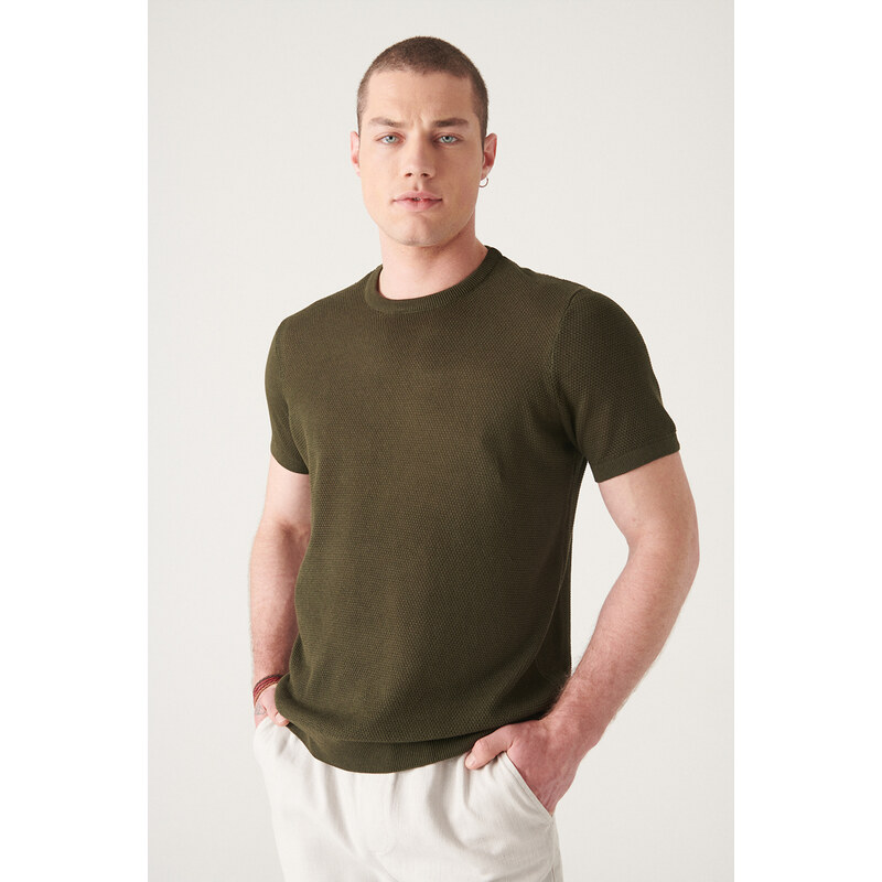 Avva Men's Khaki Textured Slim Fit Slim Fit Knitwear T-shirt