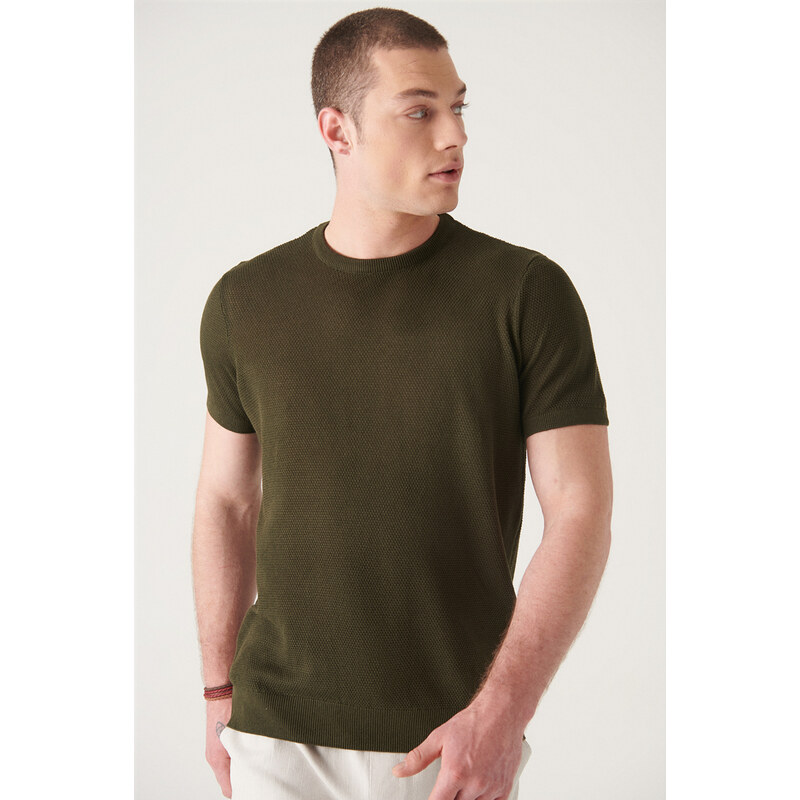 Avva Men's Khaki Textured Slim Fit Slim Fit Knitwear T-shirt