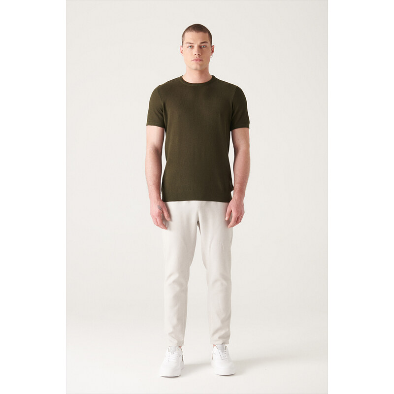 Avva Men's Khaki Textured Slim Fit Slim Fit Knitwear T-shirt