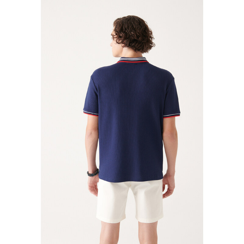 Avva Men's Navy Blue 100% Cotton Textured Ribbed Marine Printed Standard Fit Regular Fit Polo Neck T-shirt
